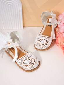 1 Pair Kids Girls Crochet Lace & Bow Detail Lightweight Open Toe Ankle Strap Flat Casual Sandals For Park Play - White - View 2