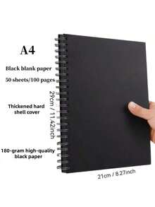 A5/A4 Black Paper Sketchbook, Spiral Bound Black Cardboard Sketchbook, Blank Black Paper Sketchbook - Black - View 3