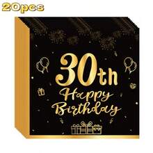Birthday Greeting Pattern Napkins With Golden Seals, Suitable For People Aged 18/21/30/40/50/60. Disposable Party And Gathering Paper With Patterns, 20 Sheets Per Pack. - Black - View 12