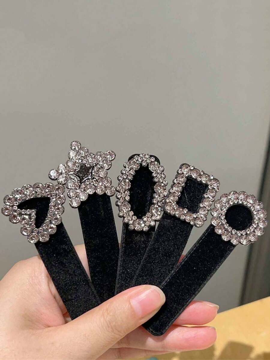 5pcs Vintage Geometric Rhinestone Hair Clips, Flocked Barrettes For Side Bangs, Autumn/Winter - Multicolor - View 1