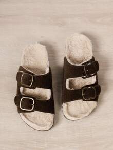 Pantofole casual da donna per autunno/inverno, con fodera termica morbida e calda, chiusura regolabile con doppia fibbia, adatte per uso interno ed esterno - Castano - Visualizzare 2