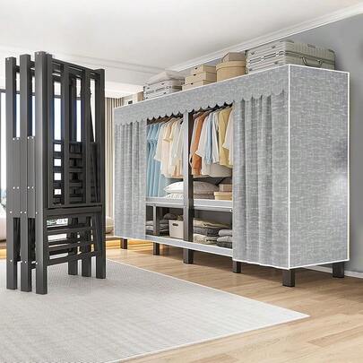 Heavy Duty Clothes Rack With Cover Foldable Covered Clothes Rack For Hanging Clothes Portable Wardrobe Closet System Freestanding Coat Storage Garment Racks For Bedroom (Grey, 75in)