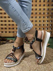 1 par de sandalias bohemias con cuentas para mujer, sandalias de cuña para vacaciones en la playa para mujer - Negro - Ver 4