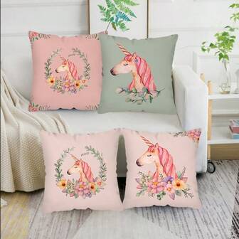 Juego de 4 fundas de almohada con diseño de unicornio, funda de almohada decorativa con cierre de cremallera, lavable a máquina para decoración de habitación, sofá o cama - Accesorio de habitación contemporáneo (sin relleno incluido)