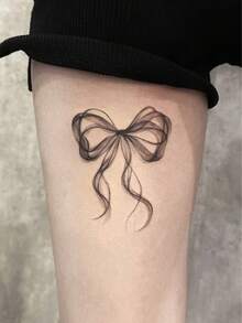 1片草本临时纹身贴纸，黑色蝴蝶结图案，持久防水防汗，一次性使用