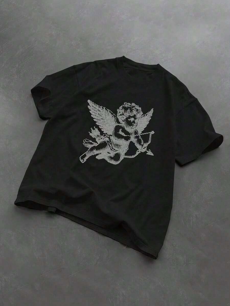 Camiseta de manga corta de cuello redondo con estampado de letras casual para hombre, verano - Negro 2 - Ver 1