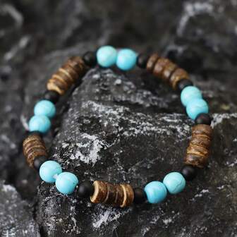 diffone El Yapımı Ahşap Şık Bileklik 8mm Yuvarlak Boncuklar Antik Boncuklu Bileklik Erkekler İçin Kol Bandı Takı