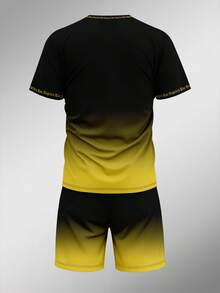 男士印花短袖T恤短裤套装，简约时尚，适合夏季穿着 - 黃色 - 查看 4