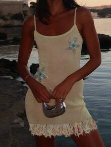 Women Knitted Mini Cami Dress Slim Beaded Starfish Scoop Neck Spaghetti Strap Tassel Hem Bodycon Dress For Daily Travel - Màu vàng - Xem 3