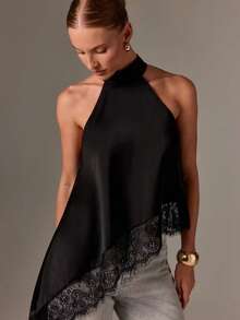 Women's Black Camisole Top, Asymmetric Hem, Open Back Design, Contrast Lace Trim, Regular Length - Black - View 1