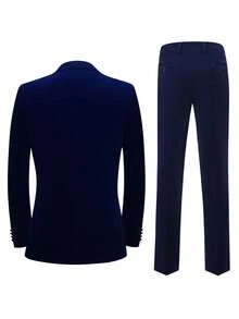 Men's 3 Piece Suit Set | Slim Fit Corduroy Blazer, Vest & Pants | Peaked Lapel Tuxedo Jacket For Wedding, Prom, Business - 藏蓝色 - 查看 2