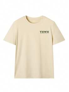 Damen Sommer Neu YHWH Buchstaben & Landschaftsdruck Lässiges, weites, vielseitiges T-Shirt mit Rundhalsausschnitt, beige, Kurzarm, geeignet für Alltag und Urlaub - Aprikosenfarben - Übersicht 3