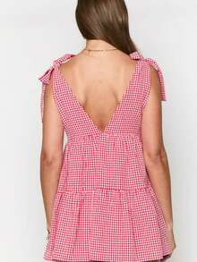 Women Y2k Plaid Mini Dress Spaghetti Strap Sleeveless A Line Beach Sundress Gingham Babydoll Dress - 紅色 - 查看 8