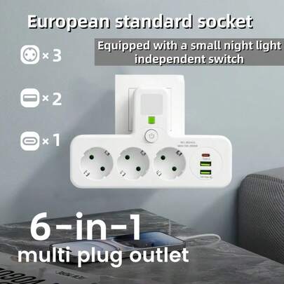 EU-kontakt för grenuttag med 3 AC-uttag + 2 USB-portar + 1 typ C, 6-i-1-uttagsadapter trådlös väggladdare för hemmakontor