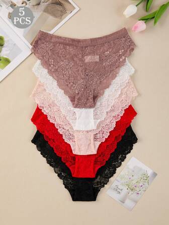 5 piezas Bragas de bikini con estampado floral de encaje para mujer, diseño elegante y minimalista