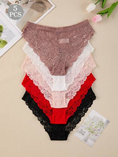 Set de 5 bragas de diseño minimalista y sexy con estampado floral de encaje y tiro bajo para mujer