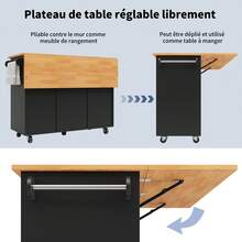 Modern Kitchen Island, Kitchen Unit, Extendable Rolling Cart With Worktop, Serving Trolley With Spice Rack And 8 Drawers, Black - Black - View 2