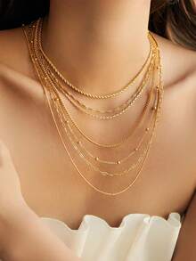 8件套简约百搭金色不锈钢项链颈链套装，适合女性日常佩戴，可叠戴 - 金黃色 - 查看 1