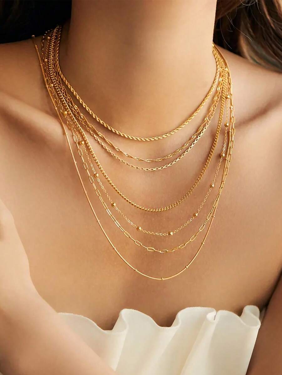 8件套简约百搭金色不锈钢项链颈链套装，适合女性日常佩戴，可叠戴 - 金黃色 - 查看 1