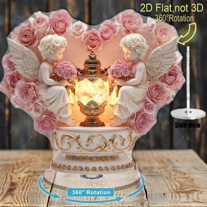 2D Rotating Acrylic Heart Decor - (Non-3D) 360° Rotating Angel & Rose Statue, Pink/White, Suitable For Outdoor Decor, Wedding/Valentine's Day Gift - Collectible Decoration, 2D Flat Design