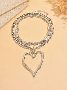 2pcs Vintage Exaggerated Fashion Metal Heart Pendant Necklace, Irregular Faux Pearl Necklace, Women Daily Wear & Beach Holiday Party Decorative Charm Jewelry Set Gift - Silver - View 2