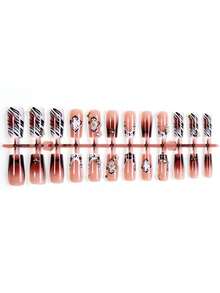 24片/套 Y2K 复古棕色 3D 花朵法式渐变，饰以珍珠和水钻美甲贴纸，适合女孩/女士日常佩戴和夏季海滩，美甲用品 - 彩色 - 查看 2