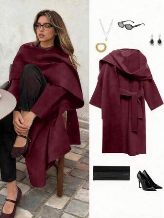 Dam Ny Casual Mångsidig Halsdukskrage Vintage Ullblandad Kappa, Långärmad Varm Pendling Elegant Damstil Lång Vinröd Ullblandad Överkappa, Höst/Vinter