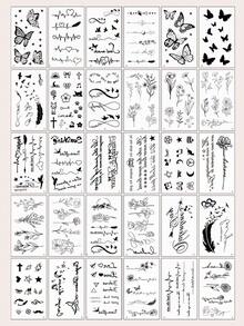 30 Creative And Exquisite Temporary Tattoo Stickers With Black Butterfly Flowers And Text Design, Suitable For Fingers, Wrists, And Small Body Parts