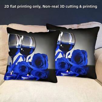 2 件套浪漫蓝玫瑰与酒杯图案抱枕套，45x45 厘米 - 柔软涤纶材质，易于打理，是客厅和卧室装饰的理想之选