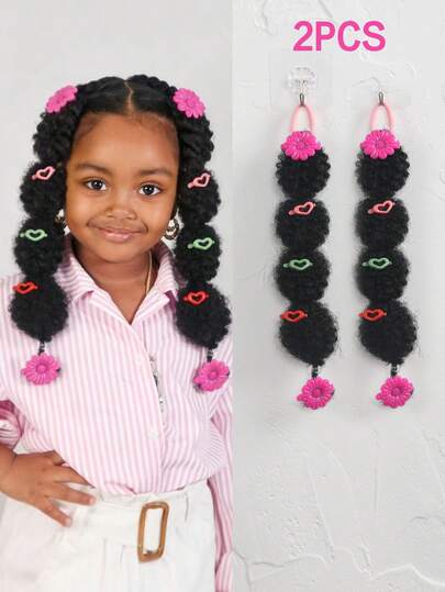 (Accessories Come In Random Colors)2pcs Ponytail With Flower Clip Hair Extension Accessories Cute Small Marley Bubble Puff Afro Kids Braided Ponytail For Girls