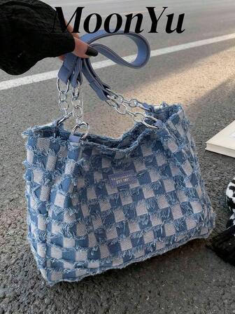 Women's Tote Bag, Blue Plaid Canvas Shoulder Bag, Large Capacity Soft Handbag, Fashionable & Minimalist, Suitable For Shopping And Commuting