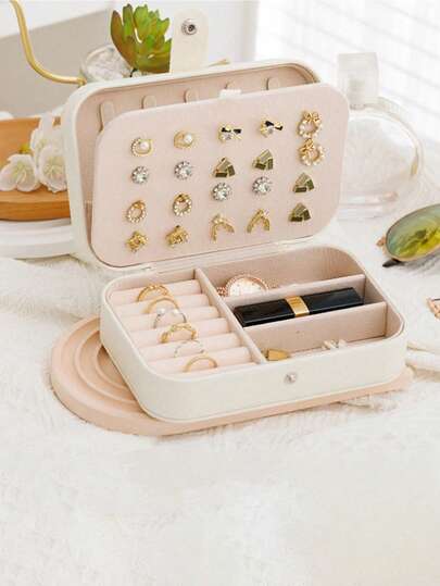 1pc Large Capacity Jewelry Storage Box, Necklace, Earring, Ring Jewelry Display Tray, Minimalist Layered Jewelry Display Cabinet, Anti-Dust And Anti-Oxidation, Minimalist Portable Jewelry Box, Travel Jewelry Storage Box, Small Earring Ring Jewelry Box, Suitable For Earrings, Necklaces, Rings, Compact, Spacious, With Buckle, Lipstick, Watch, Women's Gift, Girlfriend Gift, Christmas Gift, Halloween Gift, New Year Gift