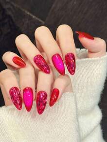 10 piezas de uñas postizas de acrílico, puntas de uñas cuadradas cortas, el color principal es rojo rosa vibrante. Estilo brillante combinado con purpurina a juego, brillante y deslumbrante. Este es un diseño de uñas llamativo y glamoroso adecuado para que las mujeres lo usen en bodas, fiestas, vacaciones y también un regalo ideal de arte de uñas para amigos y familiares. Suministros de uñas, uñas postizas hechas a mano - Multicolor - Ver 18