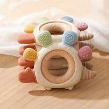 Cute Cartoon Silicone & Wooden Combination Teether, Macaron Colors Multi-Texture Dinosaur Shape, Baby Home & Outdoor Soothing Chew Toy, Grip Training Sensory Stimulation, Newborn Birthday Gift