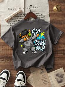 Boys & Teens Casual Printed Crew Neck Short Sleeve T-Shirt, Summer Top - Dark Grey - View 3