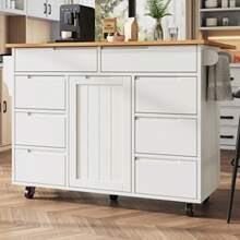 Modern Kitchen Island, Kitchen Cabinet, Extendable Kitchen Trolley With Wheels And Worktop, Serving Trolley With Spice Rack And 8 Drawers, White - White - View 3