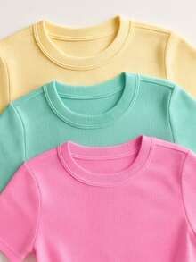 Set Of 3 Women's Ribbed Knit Blouses - Basic Blouse - Danone hồng/ Xanh nước/ Vàng - Xem 2