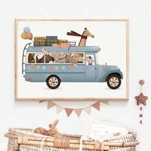 单幅帆布墙画，森林动物图案 - 奇幻冒险巴士主题儿童房装饰画，充满活力的幼儿卧室艺术画，带框儿童房墙画，女孩房墙面装饰画，男女宝宝房装饰画，女孩卧室装饰画，儿童房装饰画，防水，适合儿童房、游戏室装饰 - 彩色 - 查看 6