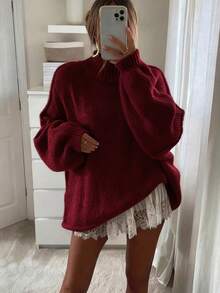 2026秋冬新款女装时尚街头风休闲宽松高领针织套头毛衣，适合返校、情人节、新年、圣诞节、约会之夜等场合，韩版风格，秋季必备，适合端庄女性、派对女性、Y2K女性、外出上衣、音乐会女性、约会之夜女性、新年、冬季女装、沙特国庆日、时尚、乡村风格。 - 酒紅色 - 查看 2