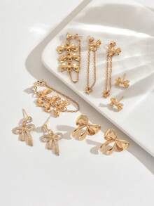 5对独特水钻蝴蝶结耳环，流苏链耳环套装，女士，派对及礼物 - 金黃色 - 查看 4