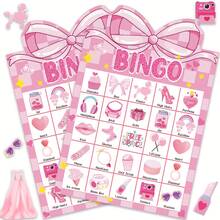 33 Pcs/1 Set, Pink Bow Party Bingo Game Set, 24 Player Cards (24 Different Patterns), 7 Marking Cards (70 Stickers), 1 Calling Card And 1 Game Instructions Card, Pink Theme Party Game, Perfect For Girl's Birthday Parties, BFF Gatherings - Multicolor - View 1