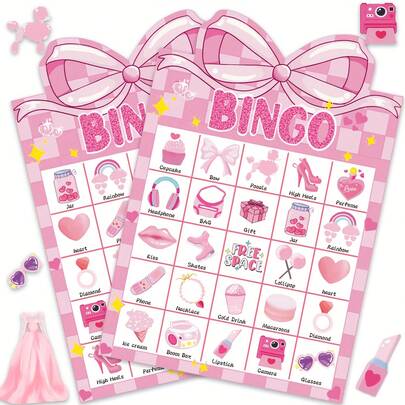 33 Pcs/1 Set, Pink Bow Party Bingo Game Set, 24 Player Cards (24 Different Patterns), 7 Marking Cards (70 Stickers), 1 Calling Card And 1 Game Instructions Card, Pink Theme Party Game, Perfect For Girl's Birthday Parties, BFF Gatherings