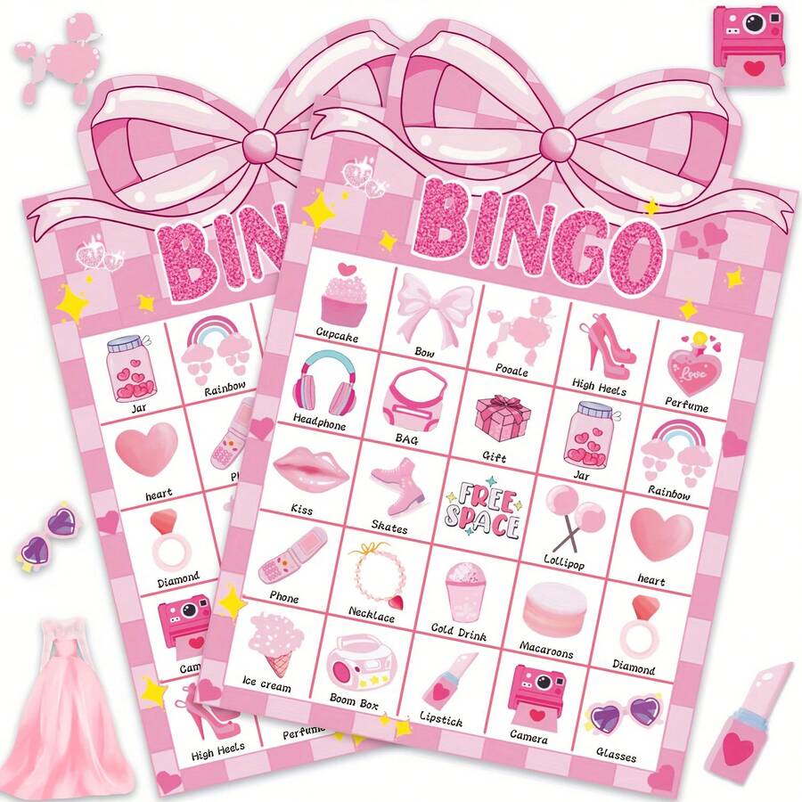 33 Pcs/1 Set, Pink Bow Party Bingo Game Set, 24 Player Cards (24 Different Patterns), 7 Marking Cards (70 Stickers), 1 Calling Card And 1 Game Instructions Card, Pink Theme Party Game, Perfect For Girl's Birthday Parties, BFF Gatherings - Multicolor - View 1