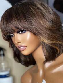 Highlight Bob Wig With Bangs 150% Density 1B/30 Glueless Loose Wave Body Wave Full Machine Made Fring Wigs Brazilian Human Hair Preplucked Natural Black Ombre Brown Basic No Lace Wig With Bangs - S1/30 - View 2