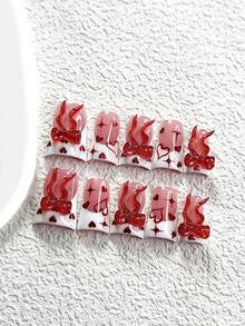 10Pcs Romantic Valentine's Day Style Handmade Press On Nail,Polygel Nail Set,Hand Drawn Hearts Fake,Red,White Nail Polish,Opulent Style,Includes Nail Tools,3 Sizes Available,Almond,Duck,Coffin Nails For Party,Dance,Daily Wear. - 彩色 - 查看 18