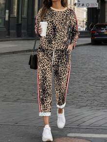 2 piezas Conjunto casual de top de manga larga y pantalones con estampado de leopardo y parches, para primavera/otoño - Marrón - Ver 1
