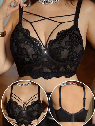 1pc Plus Size Women Lace Patchwork Wireless Padded Bra, Comfortable & Minimalist Design