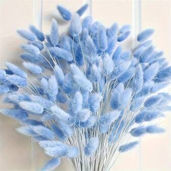 100 st blå konstgjorda blommor, torkade kaninsvansar, dekorationsbukett med torkat pampasgräs, 40 cm pompasblommor för bohemiskt bröllop, jul, Saint Patrick, nyår och vår, alla hjärtans dag-present, ramadan-dekoration