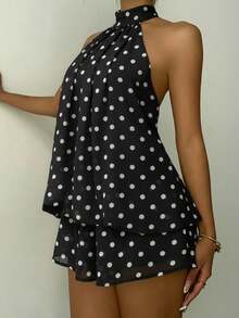 复古波点露背吊带裙，休闲夏季时尚女装宽松无袖雪纺迷你裙，度假风，夏季甜美波点A字连衣裙，修身剪裁，清新优雅派对连衣裙，女士夏季连衣裙，甜美波点连衣裙，婚礼黑色春季连衣裙 - 黑色 - 查看 5