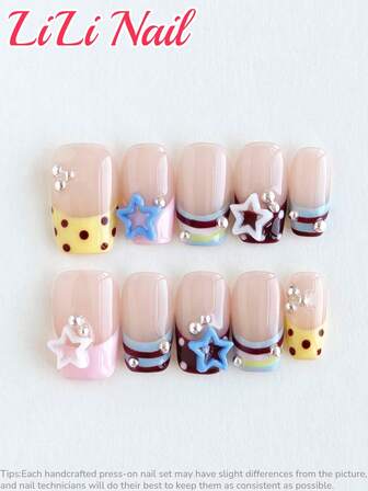 10pcs Handmade Acrylic Nail Stickers, Medium Size, Square Shape, Transparent, Burgundy, Y2K Retro Style, French, Polka Dot, Striped, Cute, Autumn, Silver Beads, Stars, Reusable Nail Art Set With Manicure Tools, Suitable For Daily, Party And Office, Ideal Gift